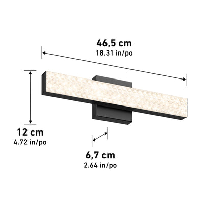 The Adeline modern LED bathroom vanity light 3 CCT by Artika features a textured illuminated front panel, measuring 46.5 cm (18.31) wide, 12 cm (4.72) high, and extends 6.7 cm (2.64) from the wall.