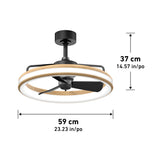 A modern ceiling fan with a circular LED light and wood finish, measuring 59 cm (23.23 in) wide and 37 cm (14.57 in) high.