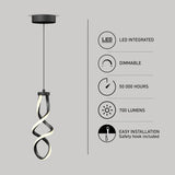 A modern twisted LED pendant light hangs from the ceiling. Beside it, icons and text highlight features: LED integrated, dimmable, 50,000 hours lifespan, 700 lumens, and easy installation with a safety hook included.
