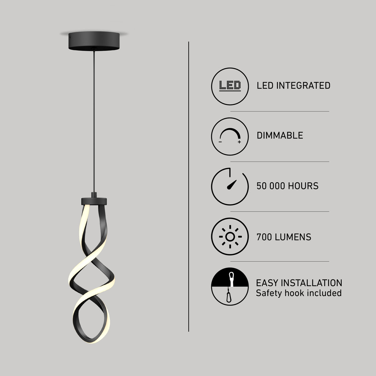 The Artika Mini Swirl LED pendant light features a twisted spiral design, is dimmable, delivers 700 lumens, has an integrated LED with a 50,000-hour lifespan, and offers easy installation with an included safety hook.