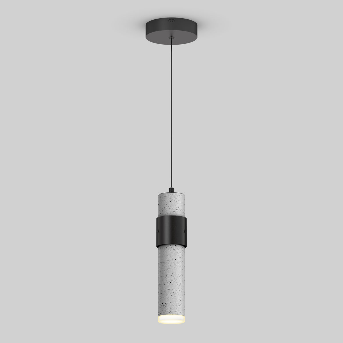A modern pendant light with a cylindrical concrete shade and a black metal band, hanging from a black cord attached to a round ceiling mount on a plain light gray background.