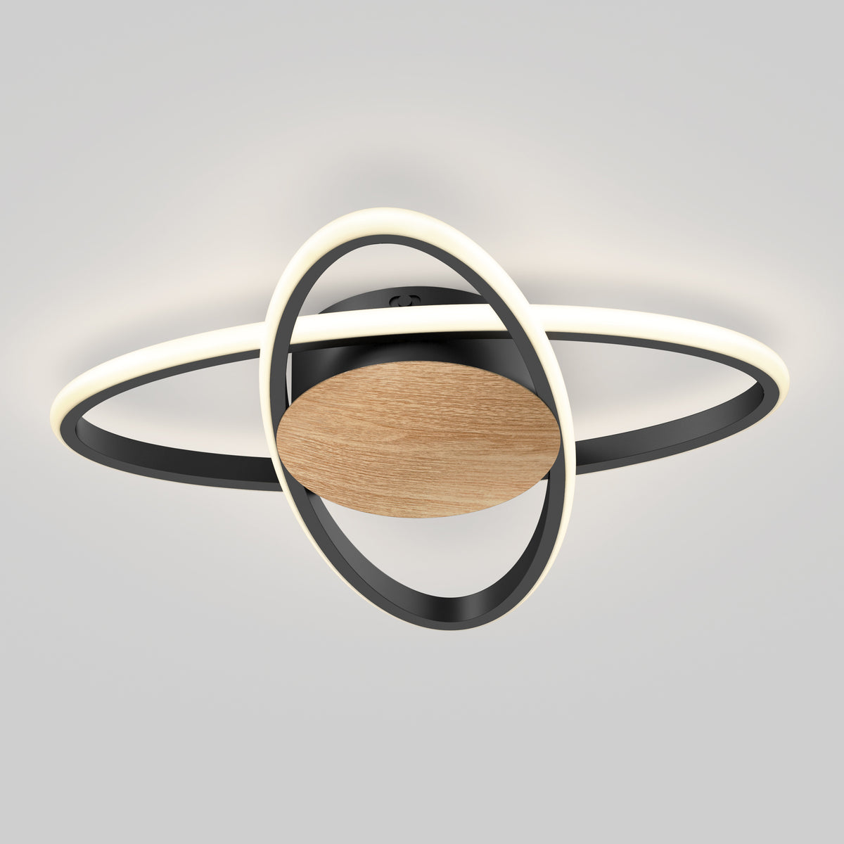 A modern ceiling light fixture with circular LED rings, a black frame, and a central wooden accent, resembling the planet Saturn with its rings, mounted on a white ceiling.