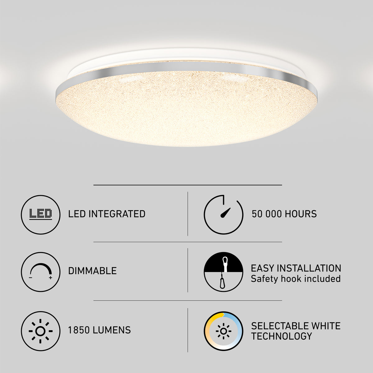 Round, flush-mount LED ceiling light with sparkly finish displayed above icons and text that highlight features: LED integrated, 50,000 hours, dimmable, easy installation, 1850 lumens, and selectable white technology.