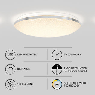 The Artika Sparkle 15 in. LED modern flush mount light features a round, shimmering surface, delivers 1850 lumens, offers 5 selectable white CCTs, is dimmable, easy to install, LED integrated, and lasts up to 50,000 hours.