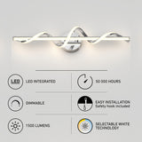 Modern LED wall light with a wavy design, mounted on a circular base. Features below highlight LED integration, 50,000-hour lifespan, dimmable function, 1500 lumens, easy installation, and selectable white light.