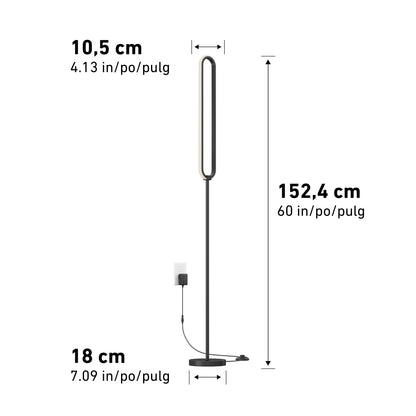 The Artika Leni dimmable LED modern floor lamp stands tall and slim, measuring 10.5 cm (4.1 in) wide, 18 cm (7.1 in) deep, and 152.4 cm (60 in) high, with a power cord plugged into a wall outlet at the base; dimensions are shown in cm and inches.