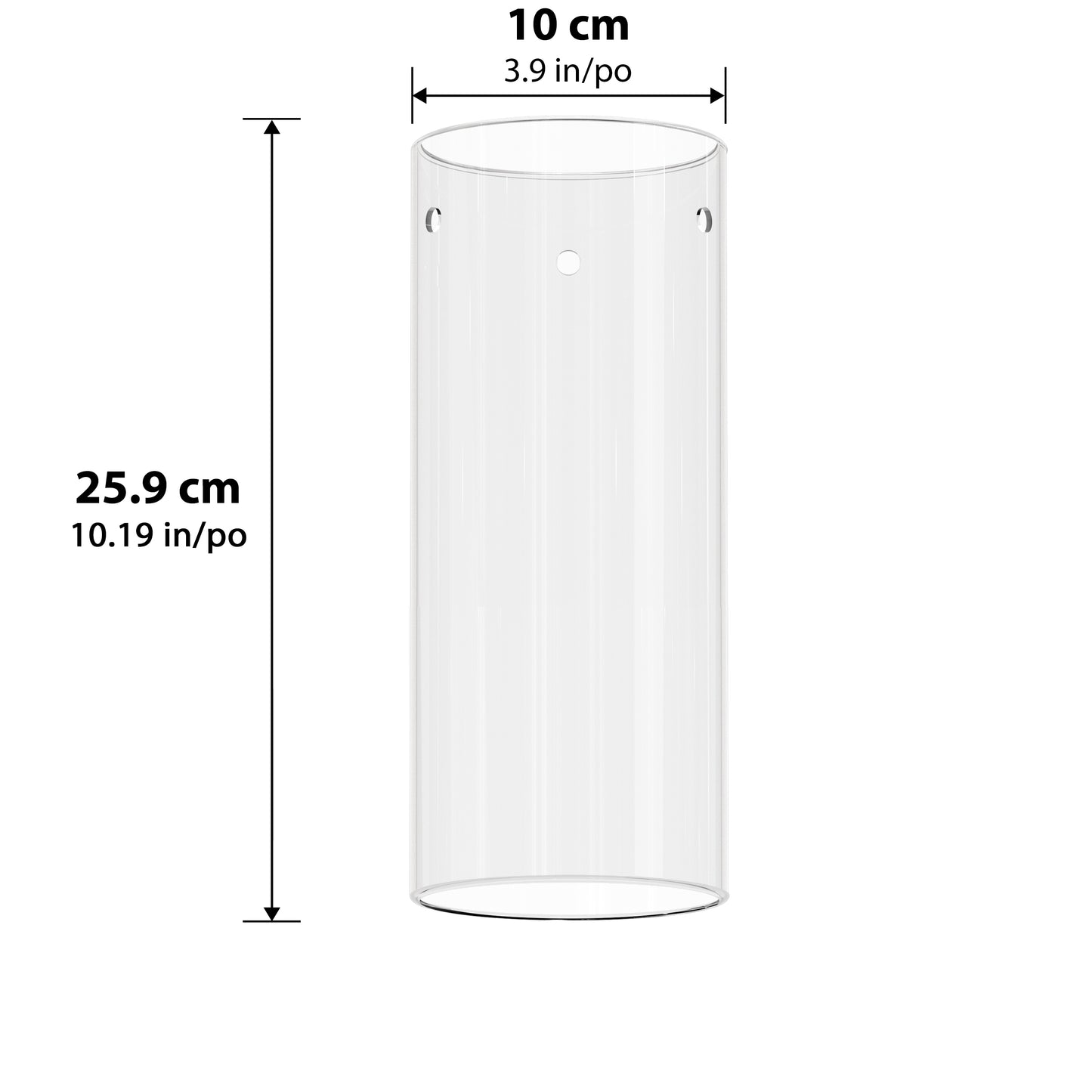 The Outer glass cylinder 259 mm by Artika-CAN-dev is a transparent cylindrical vase, 25.9 cm (10.19 in) tall and 10 cm (3.9 in) in diameter, featuring two small holes near its top.