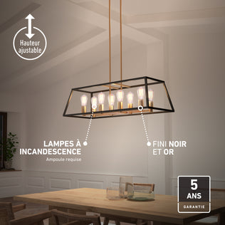 Artika Carter Long 8-light chandelier in black and gold with eight exposed bulbs hanging above a wooden dining table, shown with feature labels.
