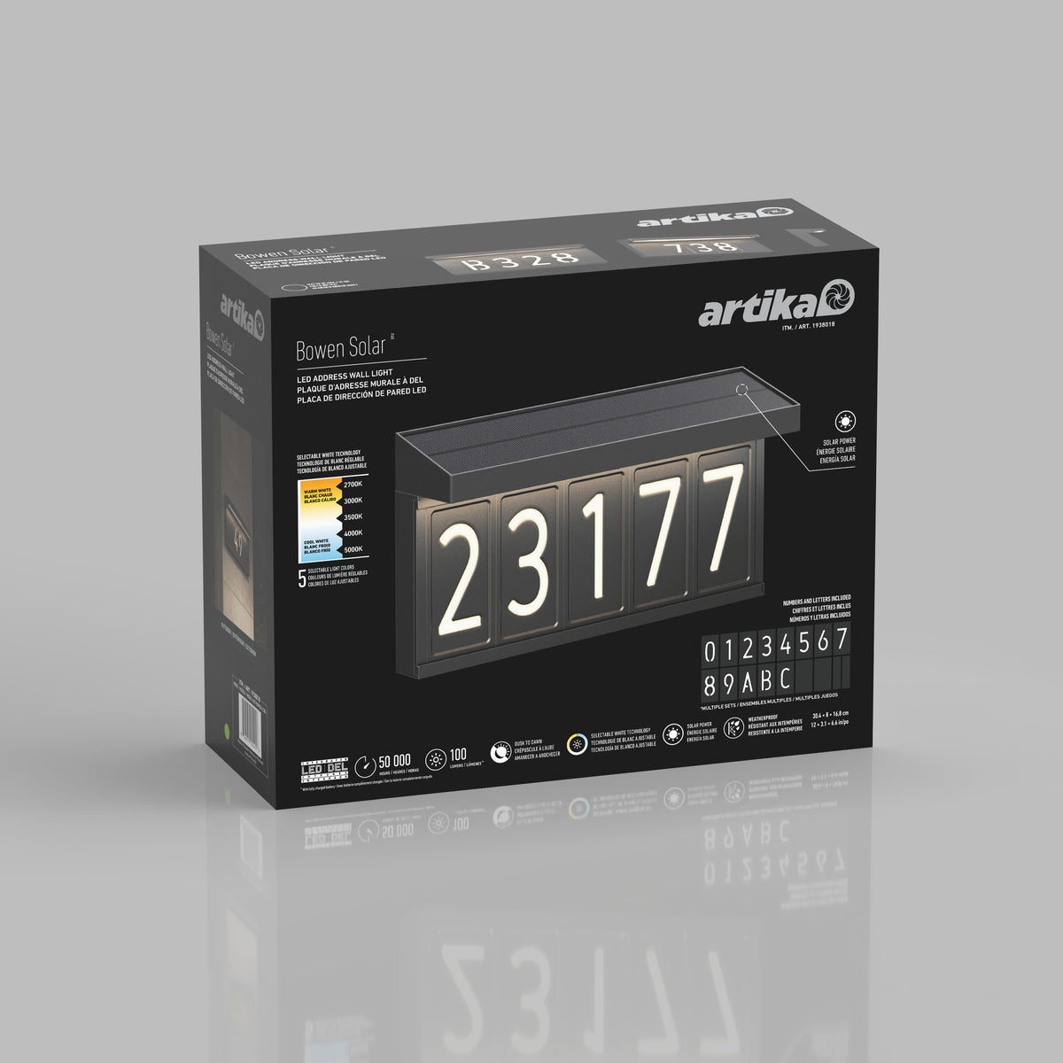 An Artika Bowen solar LED outdoor address wall light 5 CCT product box, showing illuminated house numbers “23177” on a gray background, features wireless installation, solar power, and maintenance-free lighting.