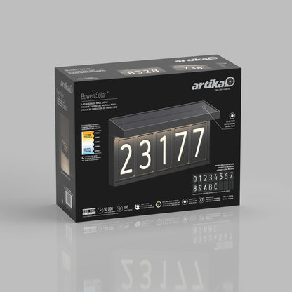 An Artika Bowen solar LED outdoor address wall light 5 CCT product box, showing illuminated house numbers “23177” on a gray background, features wireless installation, solar power, and maintenance-free lighting.