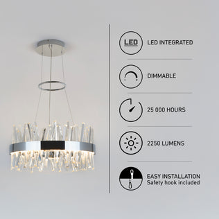 Enchanted LED pendant light: a circular fixture with dimmable integrated lighting, 2250 lumens, 25,000-hour lifespan, and a safety hook.