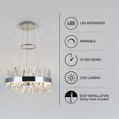Enchanted LED pendant light: a circular fixture with dimmable integrated lighting, 2250 lumens, 25,000-hour lifespan, and a safety hook.