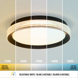 A round ceiling light displays five white color temperatures, from warm (2700K) on the left to cool (5000K) on the right. Labels indicate 2700K, 3000K, 3500K, 4000K, and 5000K, with text Selectable White below.
