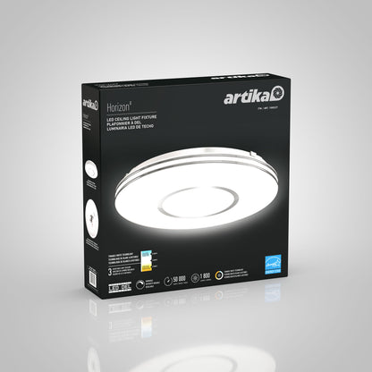 A black Artika box displays the Horizon 13 in. LED flush mount light 3 CCT, featuring product details and icons for benefits like energy efficiency and long lifespan.