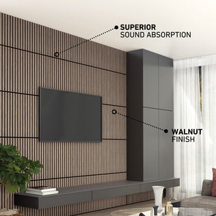 Modern living room with Artika Sonolok sound-absorbing wall panels (Walnut, 4-pack), TV, cabinets, and sunlight.