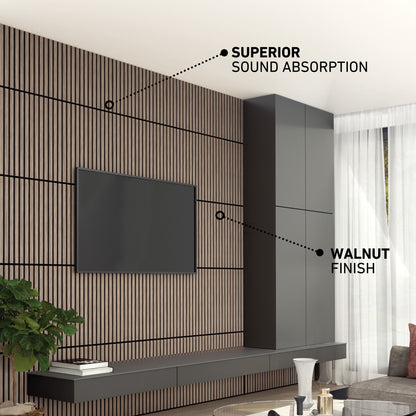 Modern living room with Artika Sonolok sound-absorbing wall panels (Walnut, 4-pack), TV, cabinets, and sunlight.
