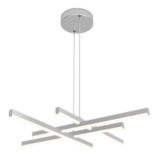 The Artika Grid modern LED pendant light 5 CCT features integrated lighting with multiple intersecting horizontal bars in a geometric design, finished in silver and suspended from a round ceiling mount.