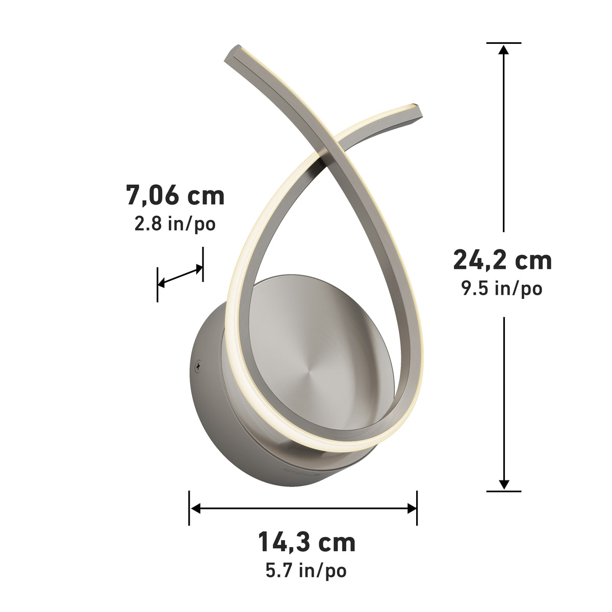 Modern wall light fixture with two intersecting LED strips, mounted on a round base. Dimensions are marked: 24.2 cm (9.5 in) tall, 14.3 cm (5.7 in) wide, and 7.06 cm (2.8 in) deep.