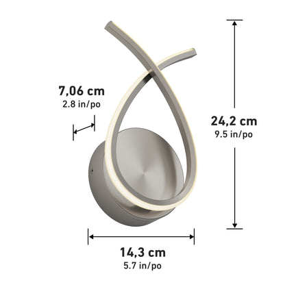 The Artika Gamma modern LED wall sconce 5 CCT features a curved design with a circular base, two looping light strips, and measures 24.2 cm tall, 14.3 cm wide, and 7.06 cm deep.