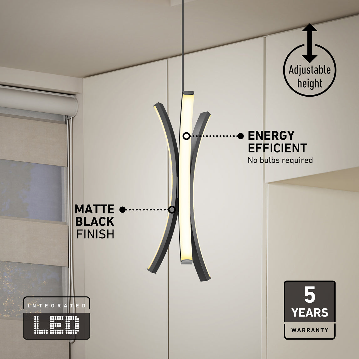 The Artika Corben Pendant LED light 5CCT Black, featuring a matte black finish, adjustable height, energy-efficient integrated LED (no bulbs needed), and a 5-year warranty, hangs in a room with window blinds in the background.