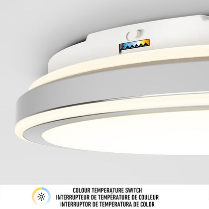 Close-up of the Artika Altitude 15 in. LED modern flush mount light, highlighting its visible 5 CCT color temperature switch. Text below reads Colour Temperature Switch in English, French, and Spanish.