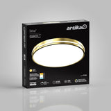 A black box with gold accents displays the Artika Delray LED flush mount light, featuring a round, gold-edged design. Icons highlight 50,000-hour lifespan, adjustable color temperature, and a 5-year warranty.