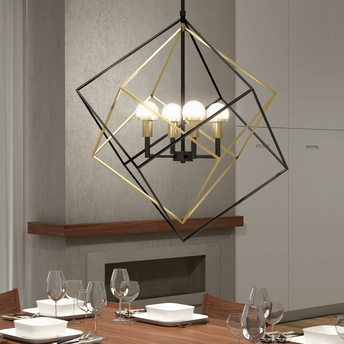 A modern dining room features a geometric pendant light with black and gold intersecting frames, hanging above a wooden table set with glassware and white square plates.