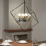 A modern dining room features a geometric pendant light with black and gold intersecting frames, hanging above a wooden table set with glassware and white square plates.