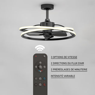 Artika Coda 23 in. LED modern ceiling fan with remote; tunable color temps, French labels for speed, airflow, timer & dimming.