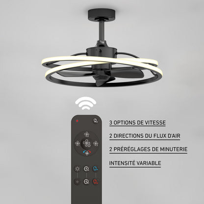 Artika’s Coda 23 in. LED modern ceiling fan comes with a remote control that offers three speeds, reversible airflow, two timer presets, and dimmable lighting—each with distinct buttons/symbols for easy use.