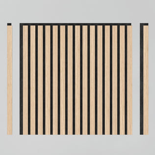 The Artika Sonolok 15.5 ft sound-absorbing wall panel kit features a square panel with vertical alternating light wood and black slats, centered on a light gray background and flanked by slim matching strips on each side.
