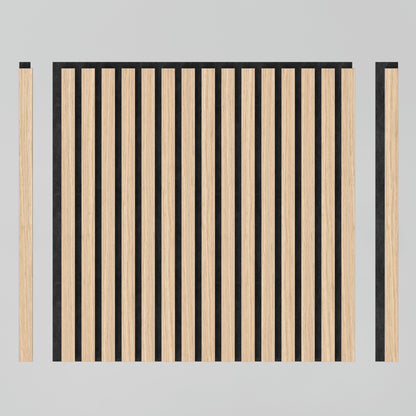 The Artika Sonolok 15.5 ft sound-absorbing wall panel kit features a square design with alternating vertical light wood and black stripes, centered on a light background, plus narrow wood and black strips on both side edges.