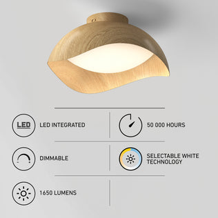 Adara 15 in. Modern LED Flush Mount Ceiling Light with a light-wood curved shade, 50,000-hour life, 5 CCT, dimmability, and 1650 lumens.