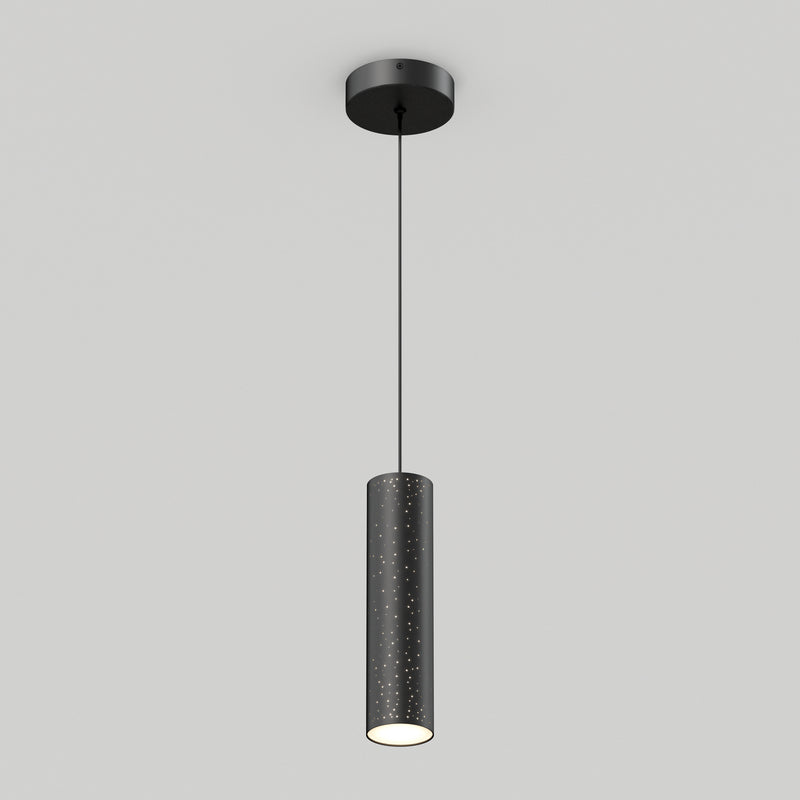 The Artika Cosmic modern LED pendant light 3 CCT features a sleek black cylindrical design with a subtle perforated pattern, hanging from a thin black cord against a plain light gray background.