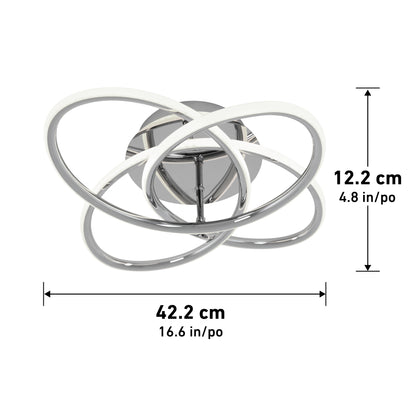 The Artika Swirl Butterfly LED contemporary flush mount light features three interlocking oval rings in white and chrome, measures 12.2 cm tall by 42.2 cm wide, and is mounted on a round base.