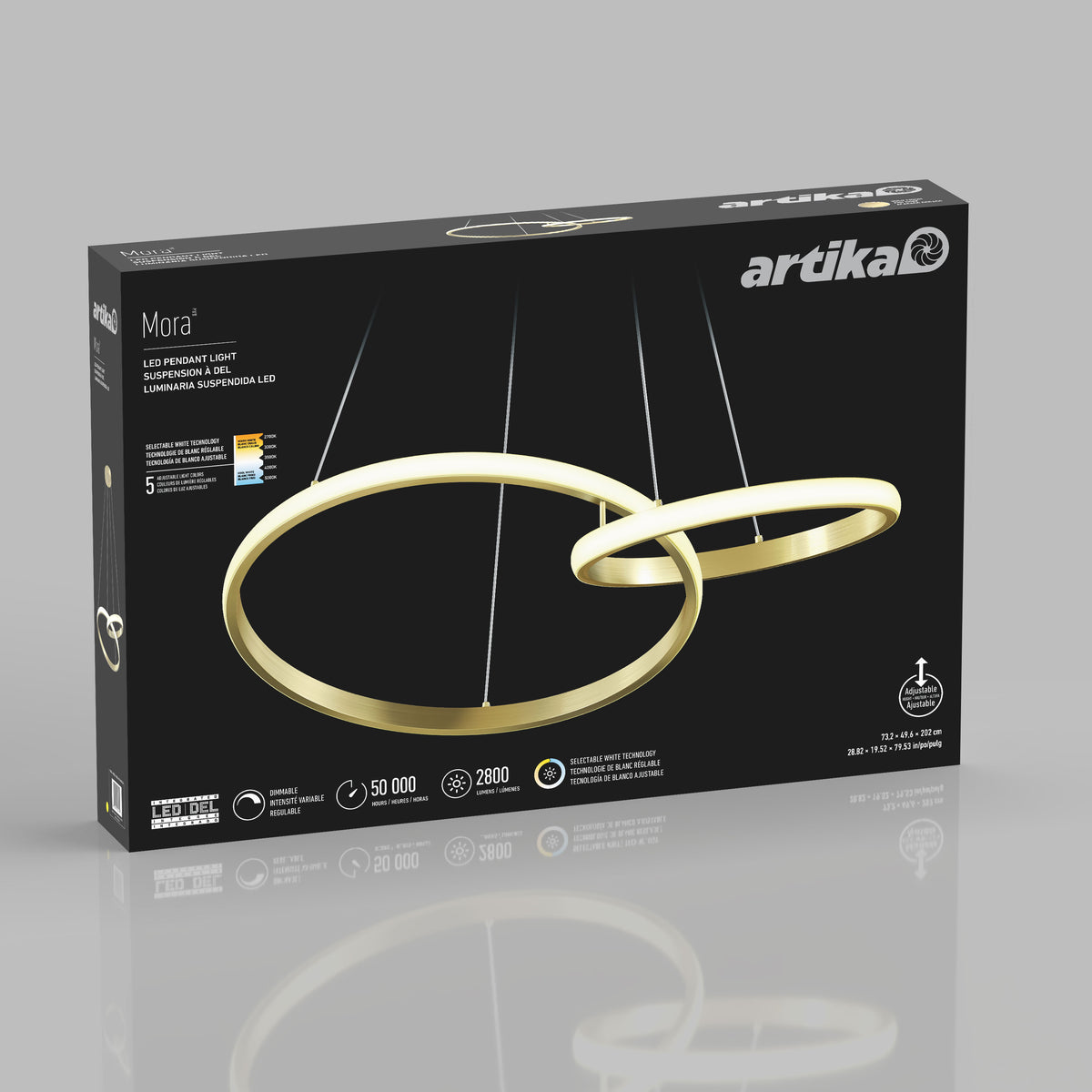 Artika Mora 28″ LED Pendant, 5CCT, gold rings, dimmable, warranty icons on gray background.