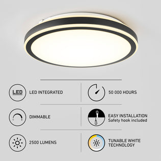 Altitude 15 in. Modern LED flush mount ceiling light with 5 CCT, 50,000-hour life, 2500 lumens, dimmability, easy installation, and tunable white.