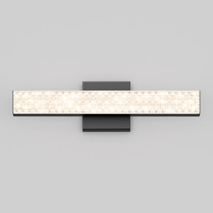 The Artika Adeline modern LED bathroom vanity light 3 CCT features a rectangular frosted glass shade with a decorative pattern on a minimalist dark base, showcased against a plain light gray background.