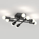 Modern black ceiling light fixture with eight exposed round bulbs arranged on intersecting horizontal rods, mounted on a square base against a white ceiling.