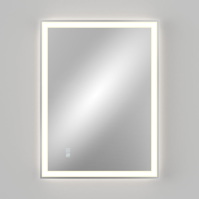 The Artika Sofia LED mirror 3 CCT with defogger features a rectangular design, an illuminated LED border, and two touch control buttons in the lower left corner, all set against a plain light gray background.