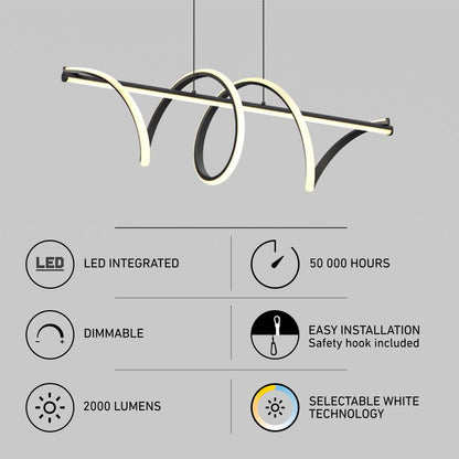 The Artika Coda modern LED pendant light 5 CCT features intertwined loops, LED integration, 50,000-hour lifespan, dimmable settings, easy installation, 2000 lumens brightness, and selectable white technology.