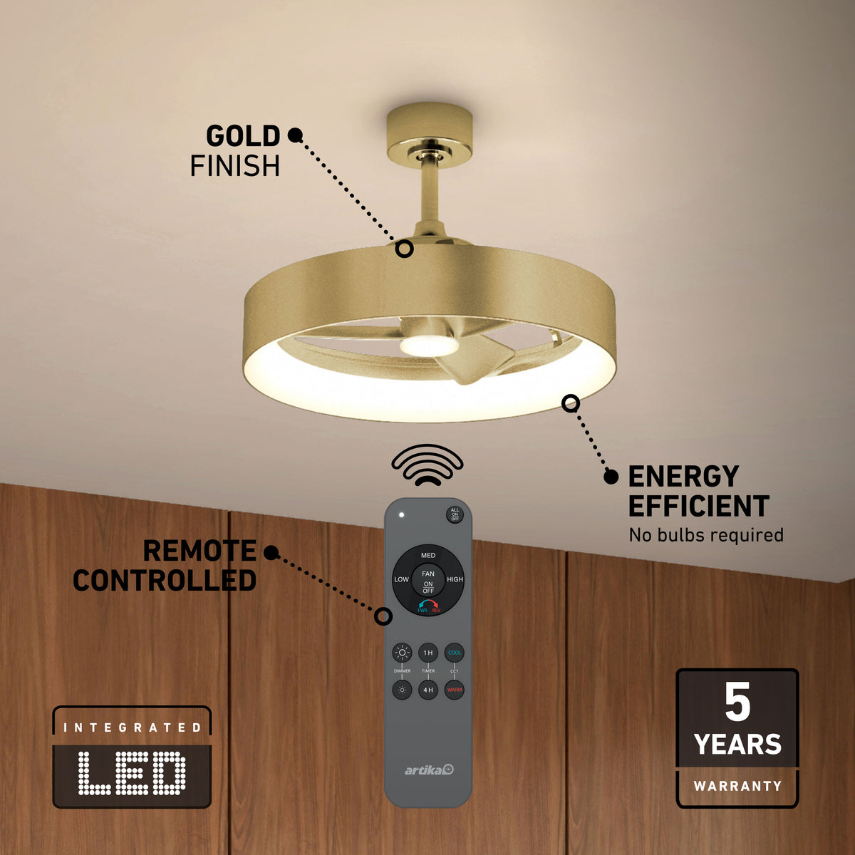 Artika Austin 23 in. LED fandelier ceiling fan, gold finish, remote, energy efficient, 5-year warranty—shown above wooden cabinets.