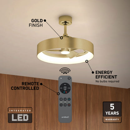 Artika Austin 23 in. LED fandelier ceiling fan, gold finish, remote, energy efficient, 5-year warranty—shown above wooden cabinets.