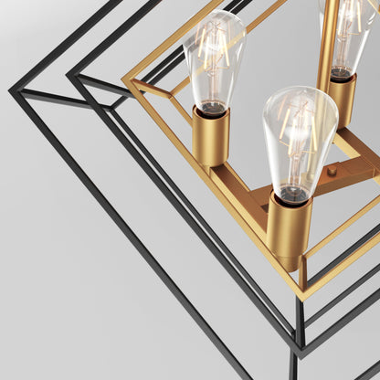 The Artika Harmonium modern mid-century pendant light features exposed bulbs, a gold inner frame, and black outer frames in an overlapping square design for a contemporary look.