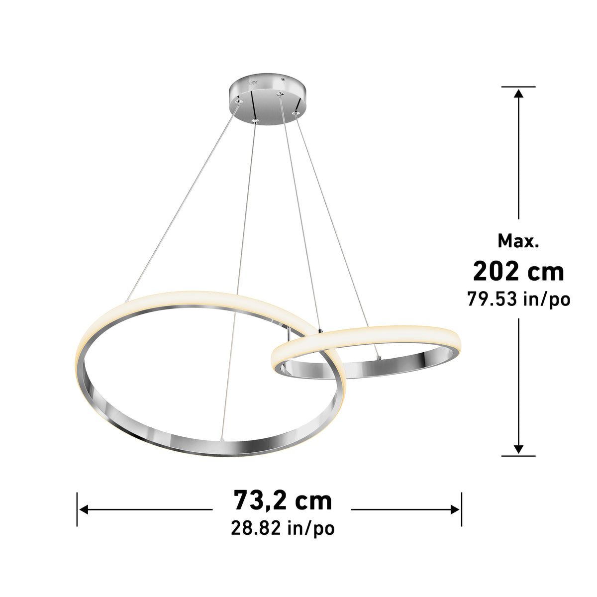 Artika Mora 28″ LED Pendant, 5CCT—sleek silver dimmable two-ring modern light, max height 202 cm, for any space.