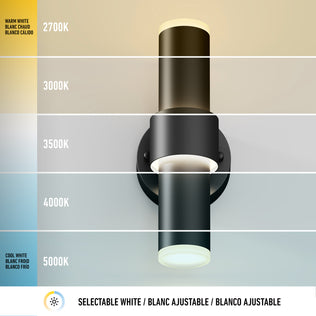 The Artika Dani modern LED indoor-outdoor wall light 5 CCT shows five white color temperatures (2700K–5000K), from warm to cool, labeled in English, French, and Spanish.