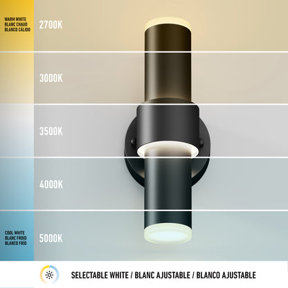 The Artika Dani modern LED indoor-outdoor wall light 5 CCT shows five white color temperatures (2700K–5000K), from warm to cool, labeled in English, French, and Spanish.