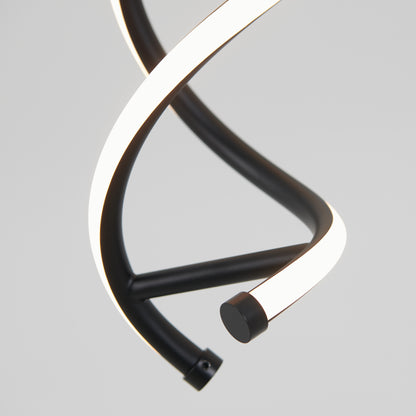 A close-up of the Artika DNA LED pendant light, featuring a modern spiral design with a black frame and glowing white strip, set against a plain light gray background.