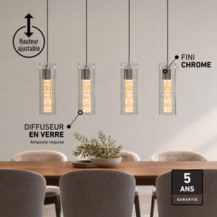 Four Artika Bubble Flow 4-light LED pendants hang above a dining table; French text highlights energy-saving features.