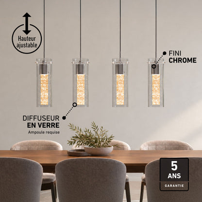 Four Artika Bubble Flow 4-light LED pendants hang above a dining table; French text highlights energy-saving features.